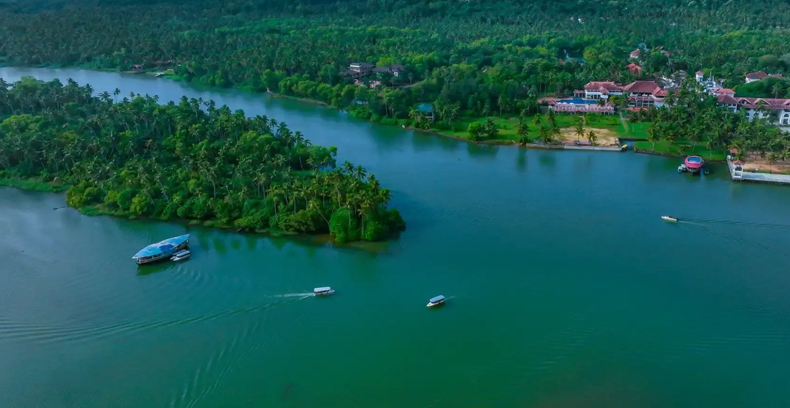 Aerial view of the Poovar backwaters with boats